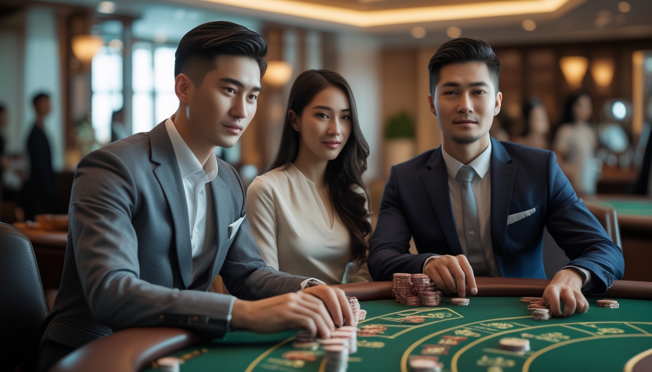 Seorang pria dan wanita duduk di meja Baccarat di kasino dengan kartu dan chip, suasana mewah dan tenang.