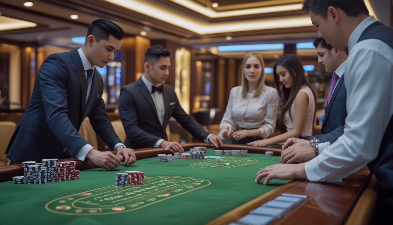 Beberapa pemain berpakaian rapi sedang bermain Mini Baccarat dan VIP Baccarat di meja kasino yang mewah dengan suasana elegan.