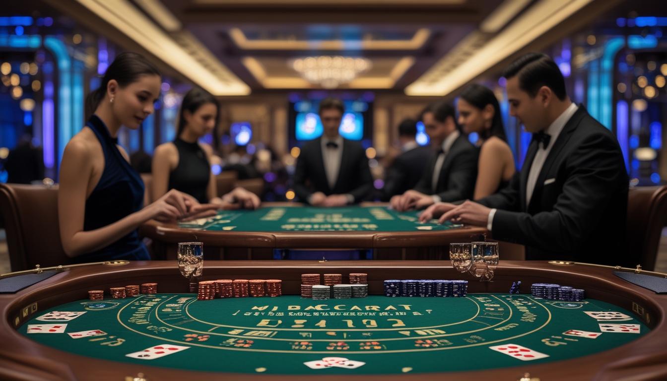 Meja baccarat mewah dengan kartu dan chip, pemain berpakaian formal sedang bermain di kasino.