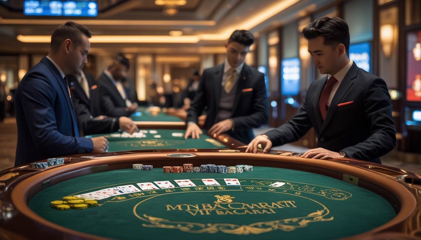 Meja baccarat mewah dengan pemain dan dealer yang sedang bermain di kasino yang elegan.