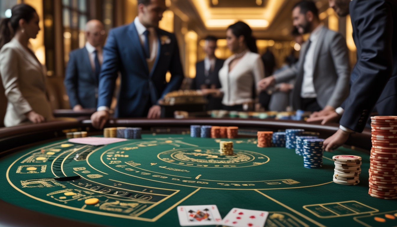Suasana meja baccarat mewah dengan pemain dan dealer yang sedang bermain di kasino.