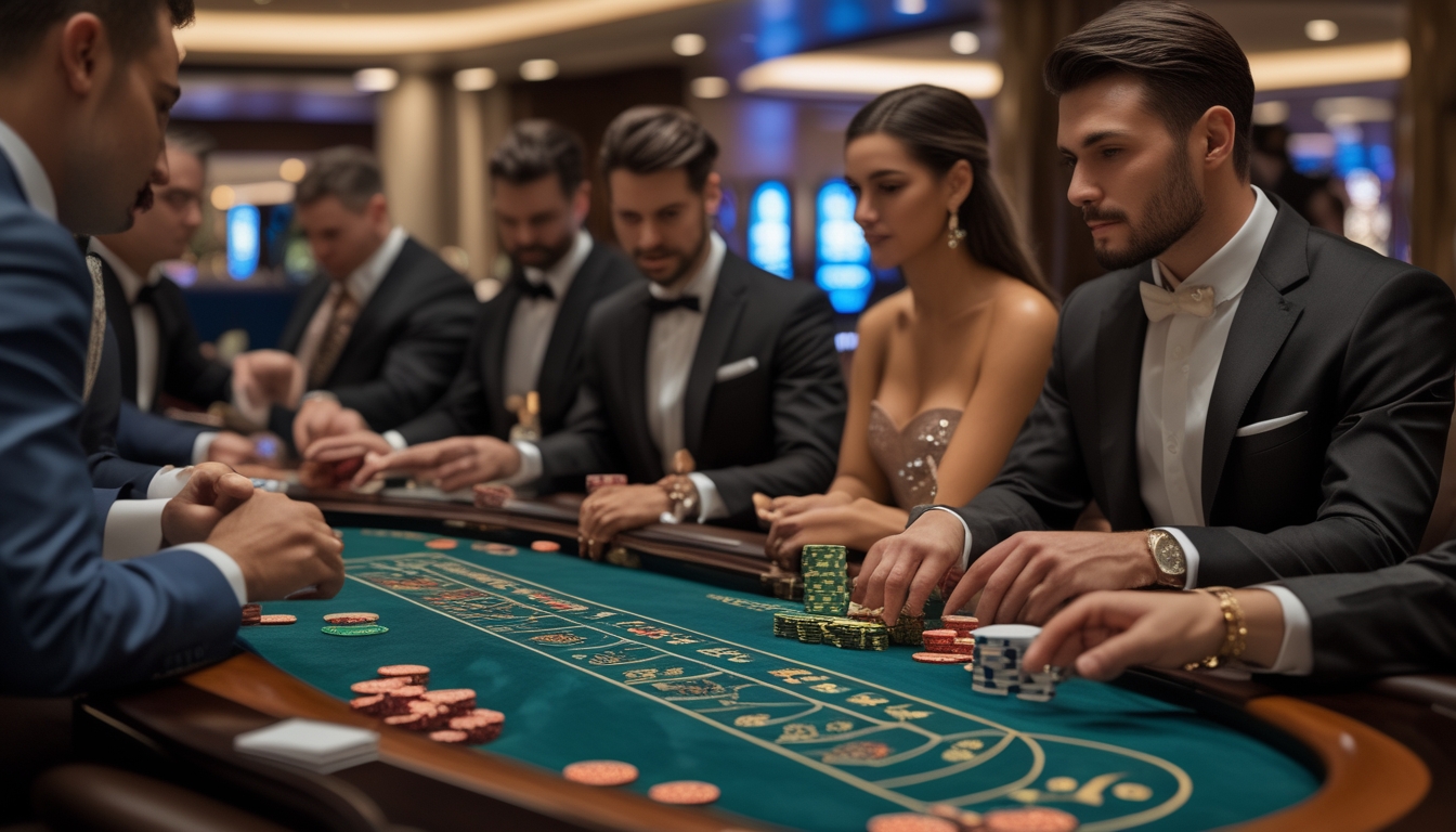 Suasana meja baccarat mewah dengan pemain berpakaian formal sedang bermain di kasino yang aman dan eksklusif.