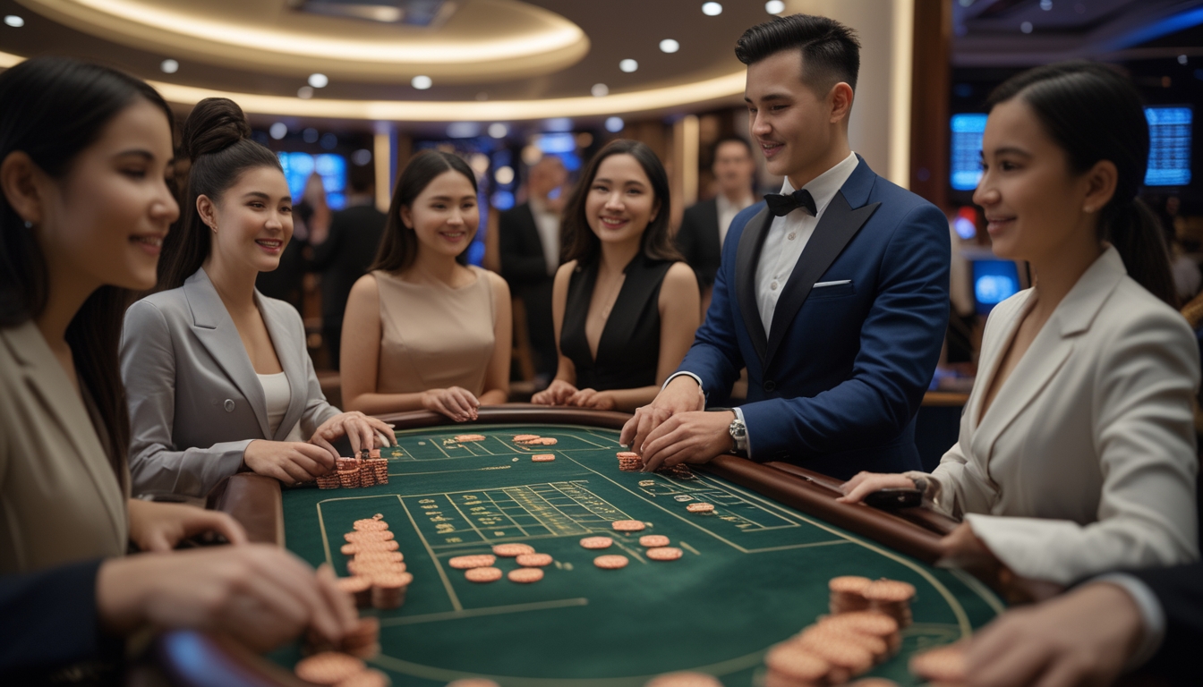Seorang dealer dan beberapa pemain sedang bermain Mini Baccarat dan VIP Baccarat di meja kasino dengan suasana mewah dan modern.