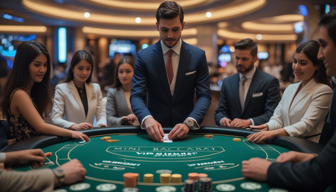 Seorang dealer di meja baccarat dengan pemain yang sedang bermain di kasino modern.