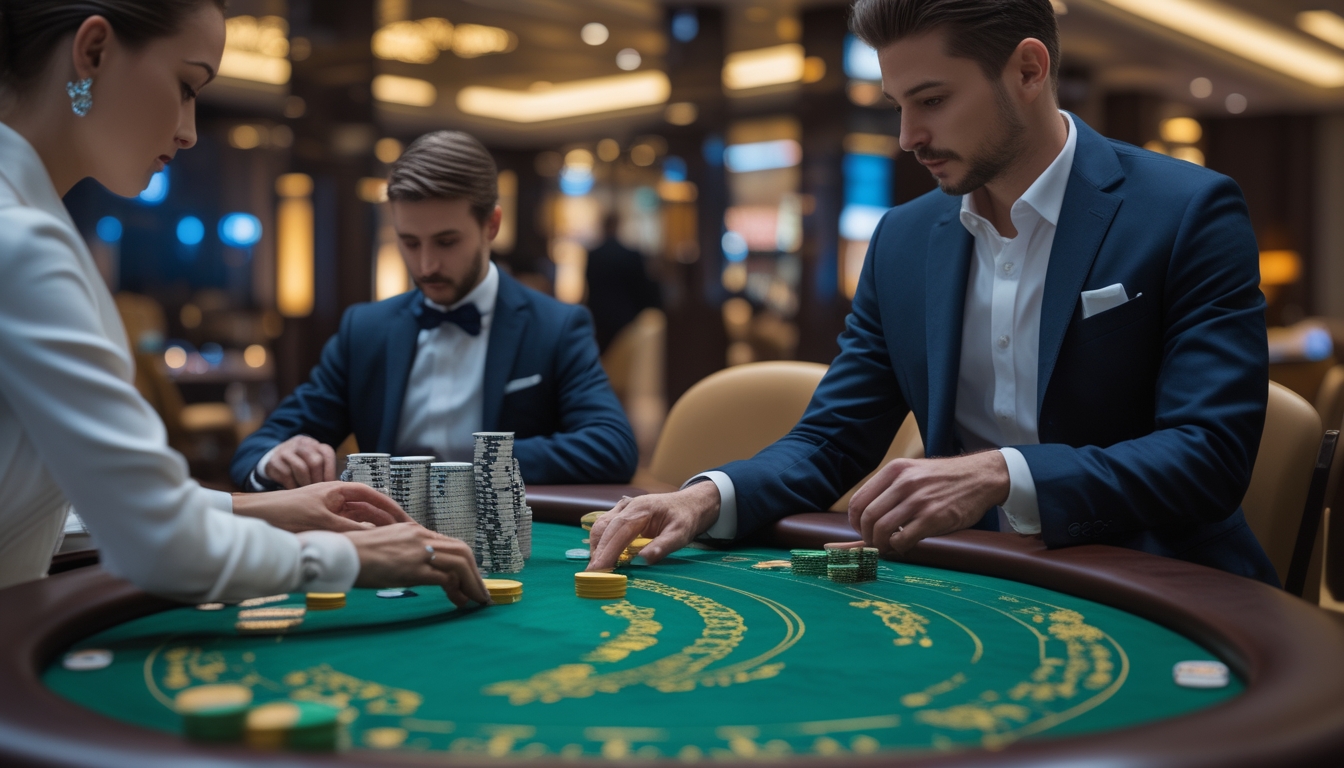 Suasana meja Mini Baccarat dan VIP Baccarat di kasino dengan pemain yang sedang bermain dan perangkat transaksi di sekitar meja.