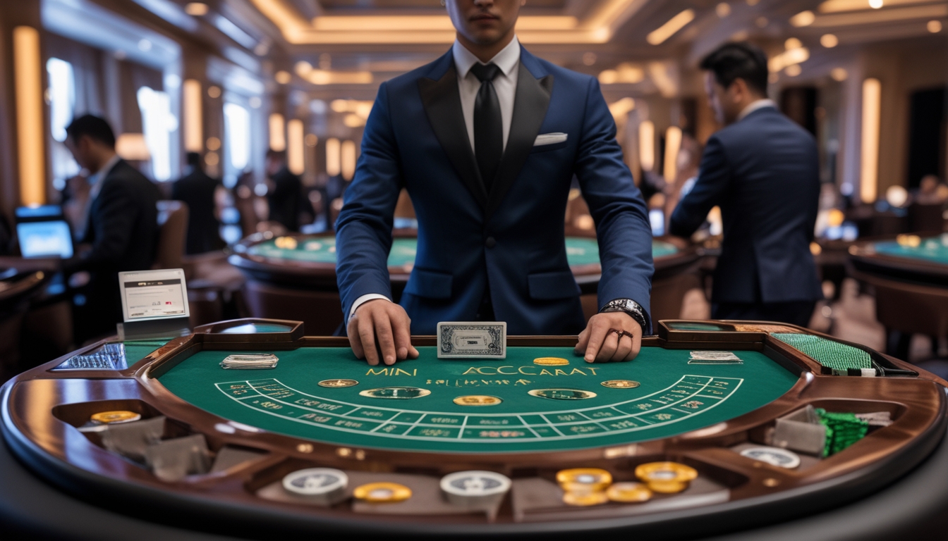 Seorang dealer profesional mengelola meja baccarat di kasino mewah dengan pemain yang sedang bermain.