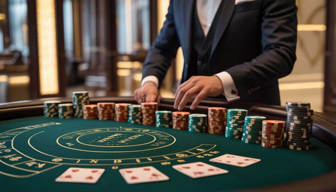 Meja baccarat mewah dengan kartu dan chip judi, dikelilingi suasana kasino yang elegan.