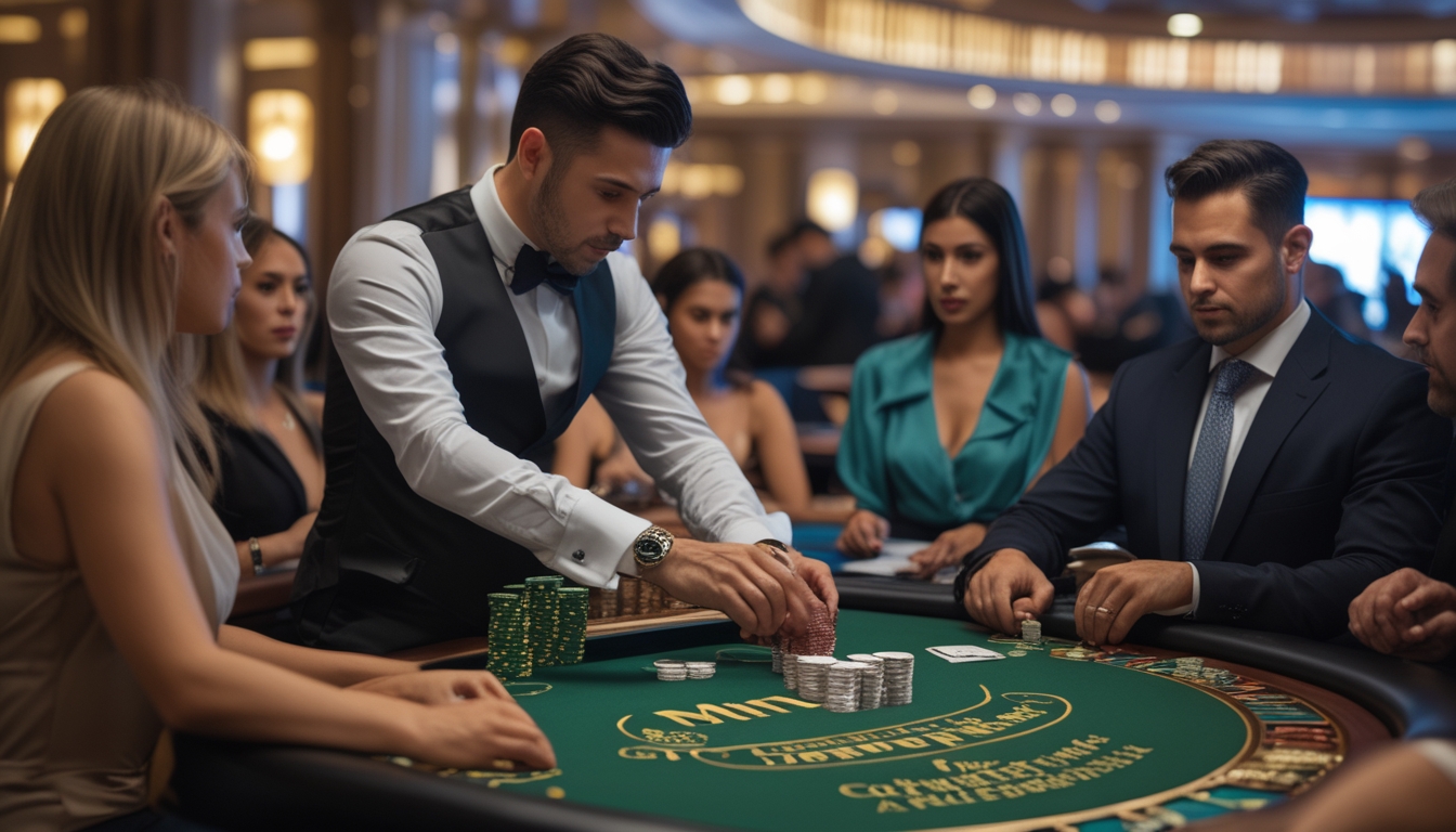 Seorang dealer dan pemain mengenakan pakaian formal sedang bermain Mini Baccarat di meja kasino yang mewah.