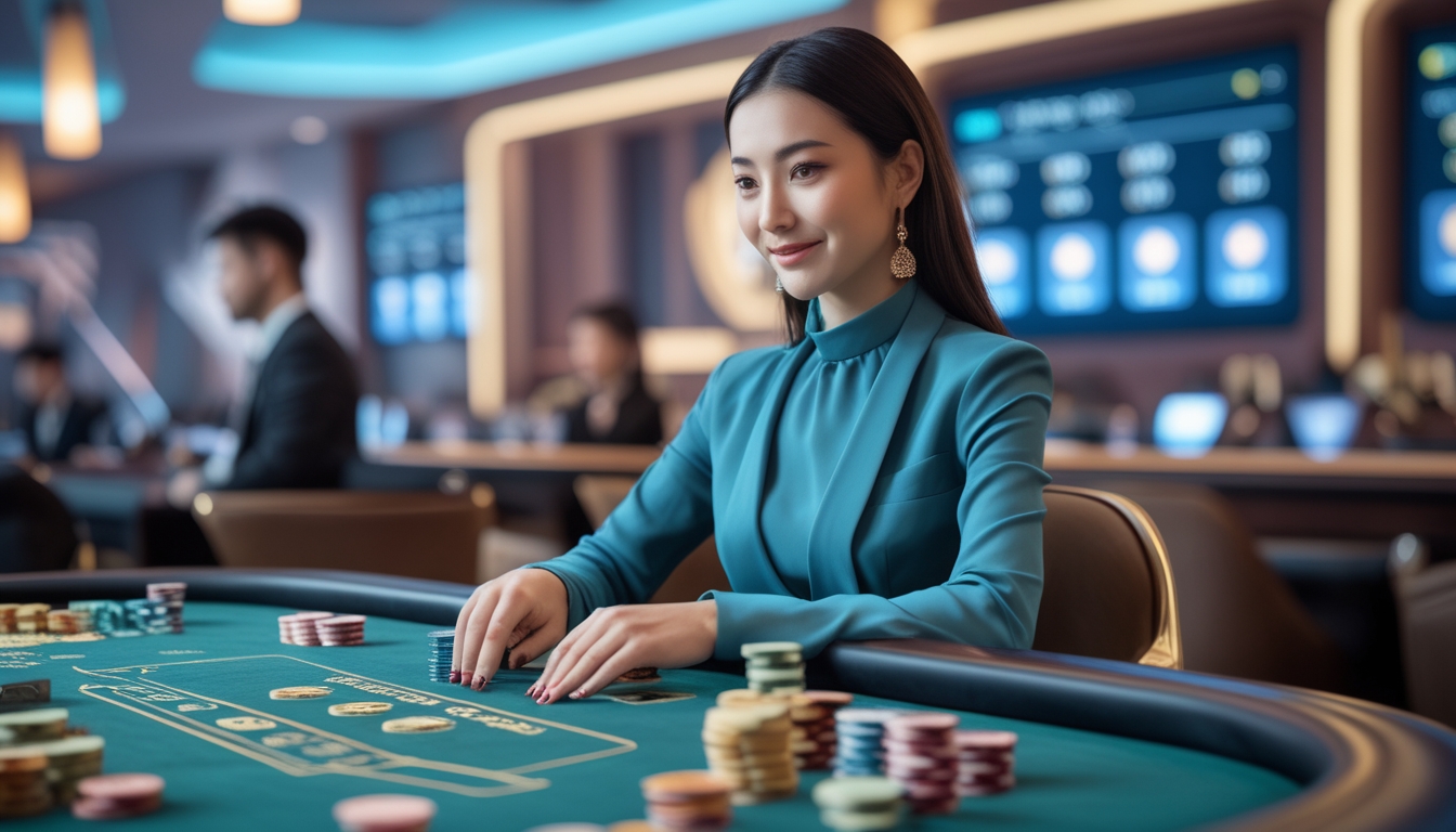 Seorang wanita muda duduk di meja kasino bermain mini baccarat dan VIP baccarat dengan suasana kasino yang mewah.