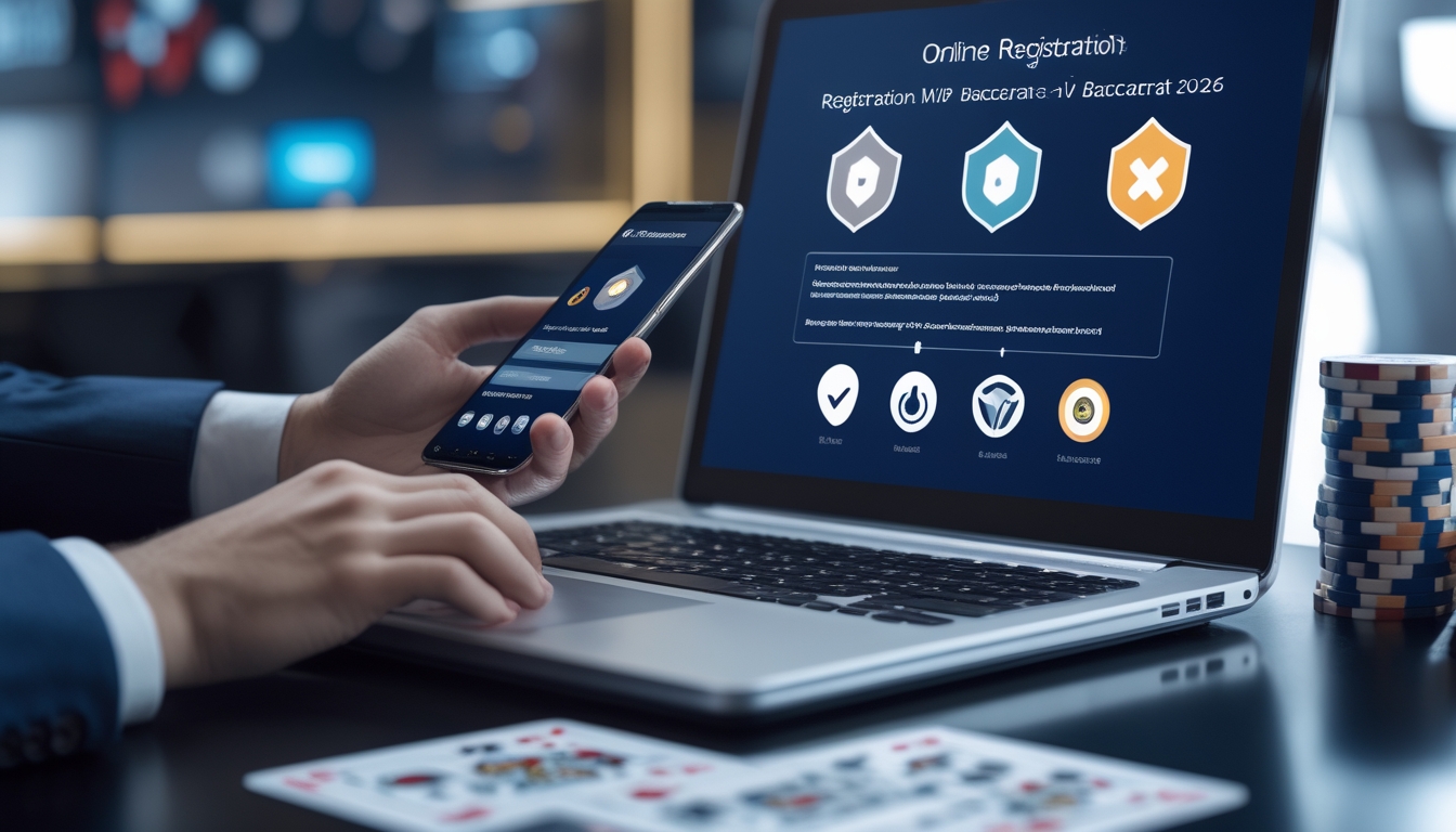 Seseorang menggunakan laptop dan ponsel untuk mendaftar secara aman di situs Mini Baccarat dan VIP Baccarat dengan latar belakang elemen kasino.