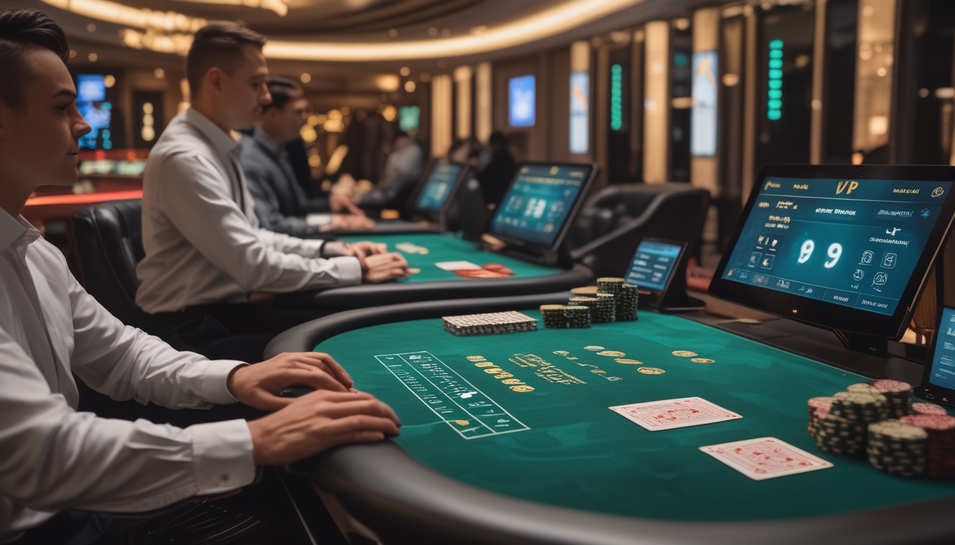 Meja kasino dengan permainan Mini Baccarat dan VIP Baccarat, menampilkan kartu, chip, dan layar digital dalam suasana mewah dan ramah pengguna.
