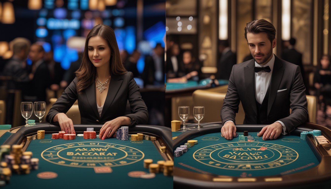 Pemandangan dua meja baccarat berdampingan di kasino, satu meja kecil dengan beberapa pemain santai dan satu meja VIP yang lebih besar dengan pemain berpakaian formal.
