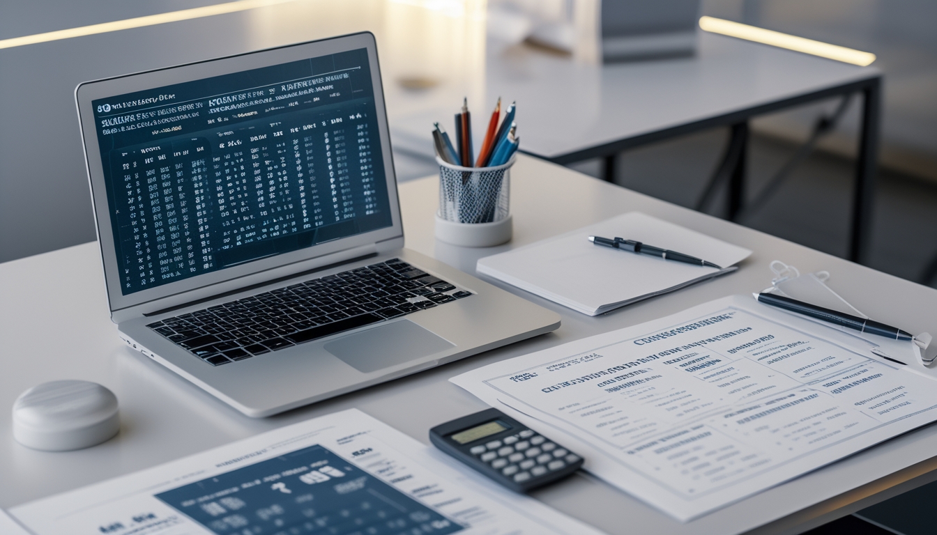 Meja kerja dengan laptop, kertas statistik, dan alat tulis yang menunjukkan suasana analisis strategi togel.
