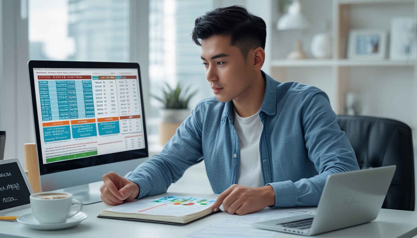 Seorang pria muda duduk di meja dengan laptop, buku catatan, dan ponsel, fokus mempelajari strategi permainan Toto Macau.