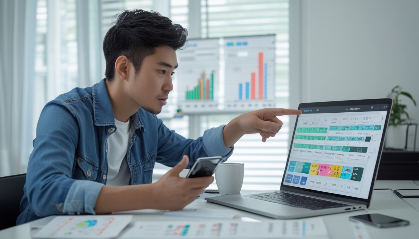 Seorang pria muda sedang duduk di meja dengan laptop dan ponsel, fokus menganalisis data permainan Toto Macau.