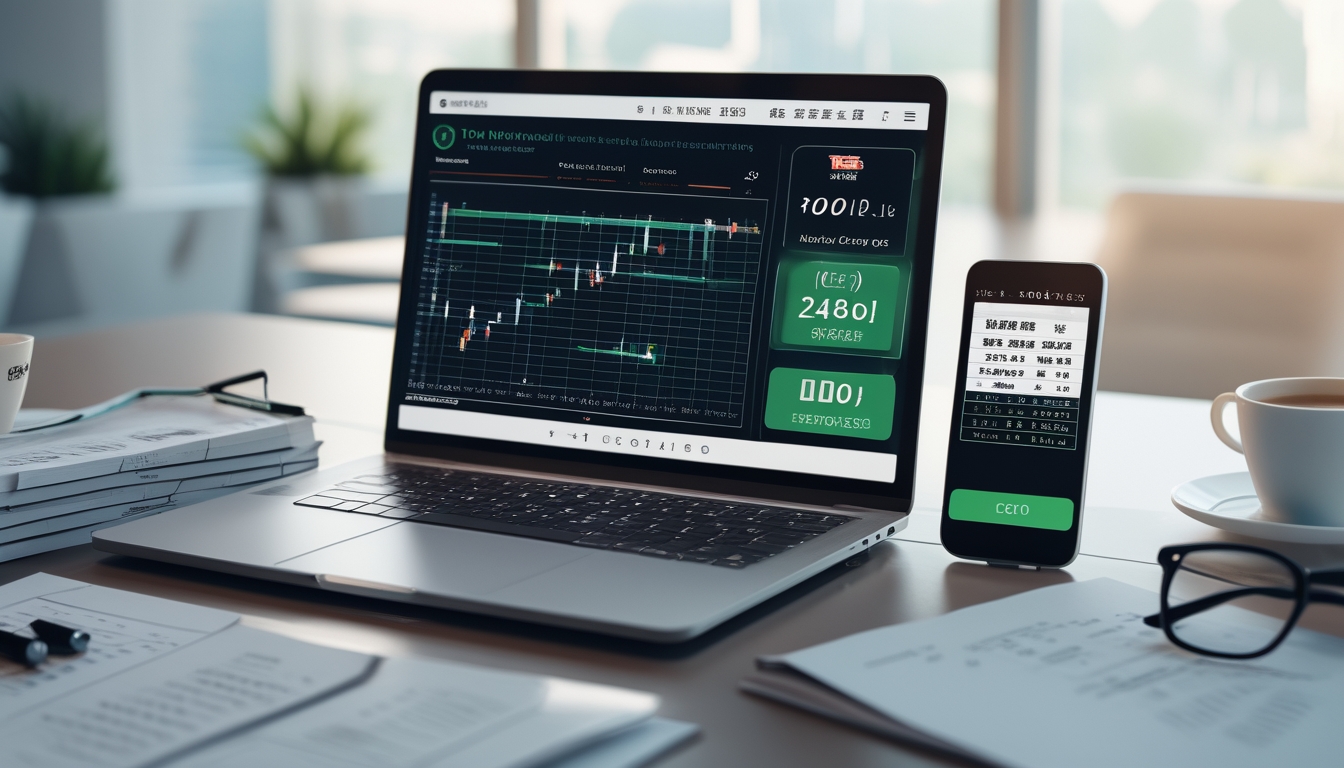 Meja kerja modern dengan laptop, smartphone, dan dokumen data statistik terkait prediksi togel.