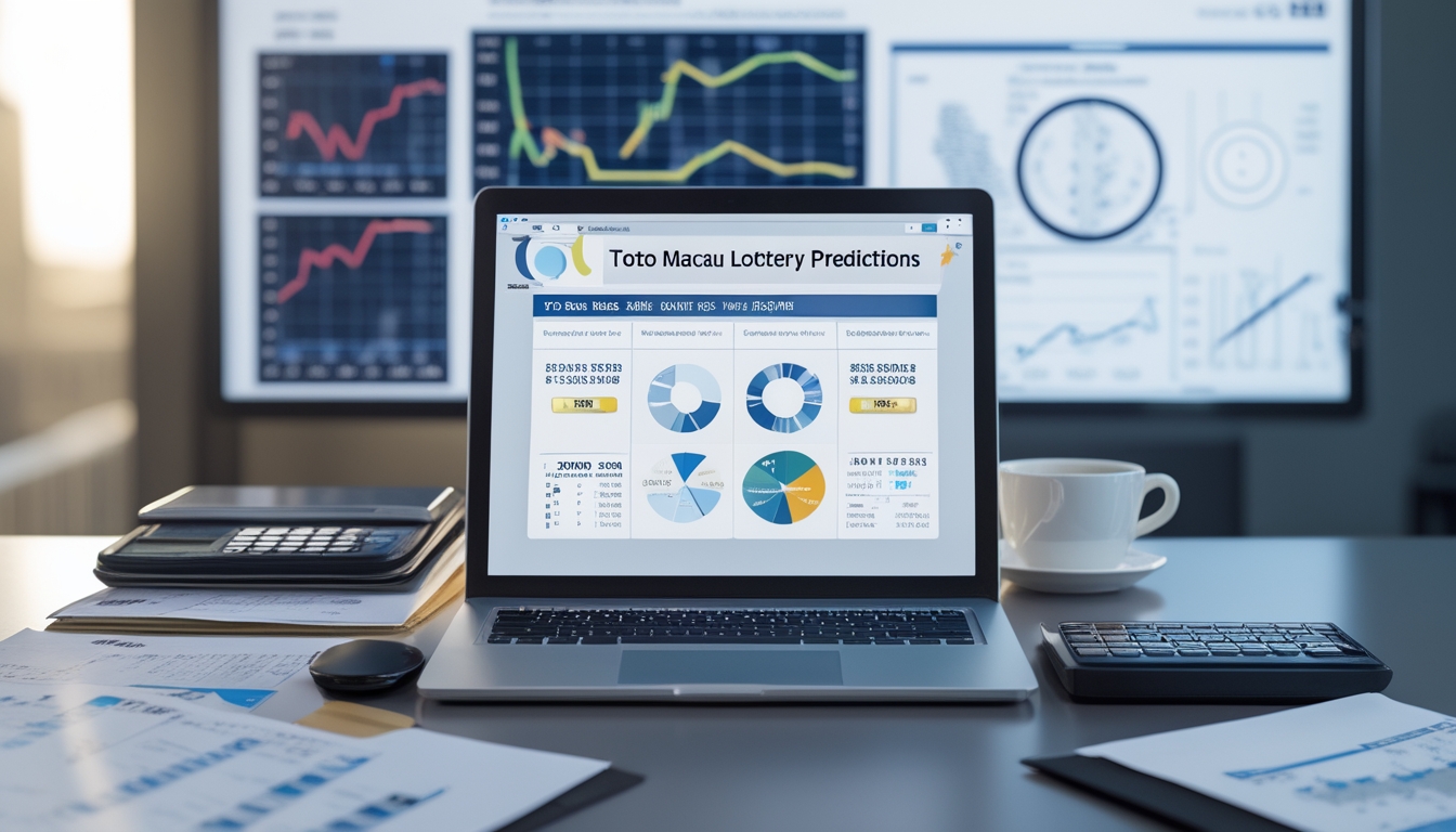 Sebuah meja kerja modern dengan laptop, kertas berisi grafik dan angka, kalkulator, dan secangkir kopi, menampilkan suasana analisis prediksi lotere.