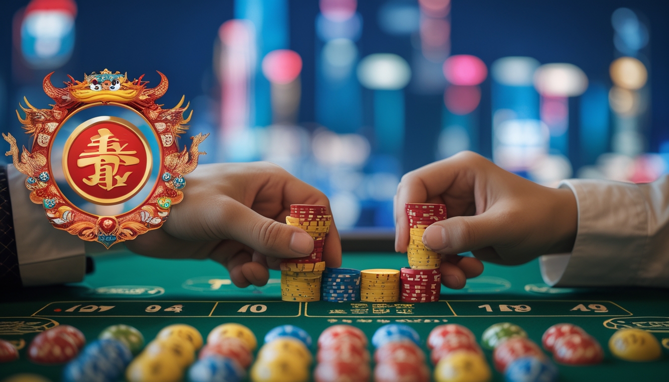 Meja permainan dengan bola angka berwarna dan chip taruhan yang menunjukkan dua jenis taruhan dalam permainan Toto Macau.