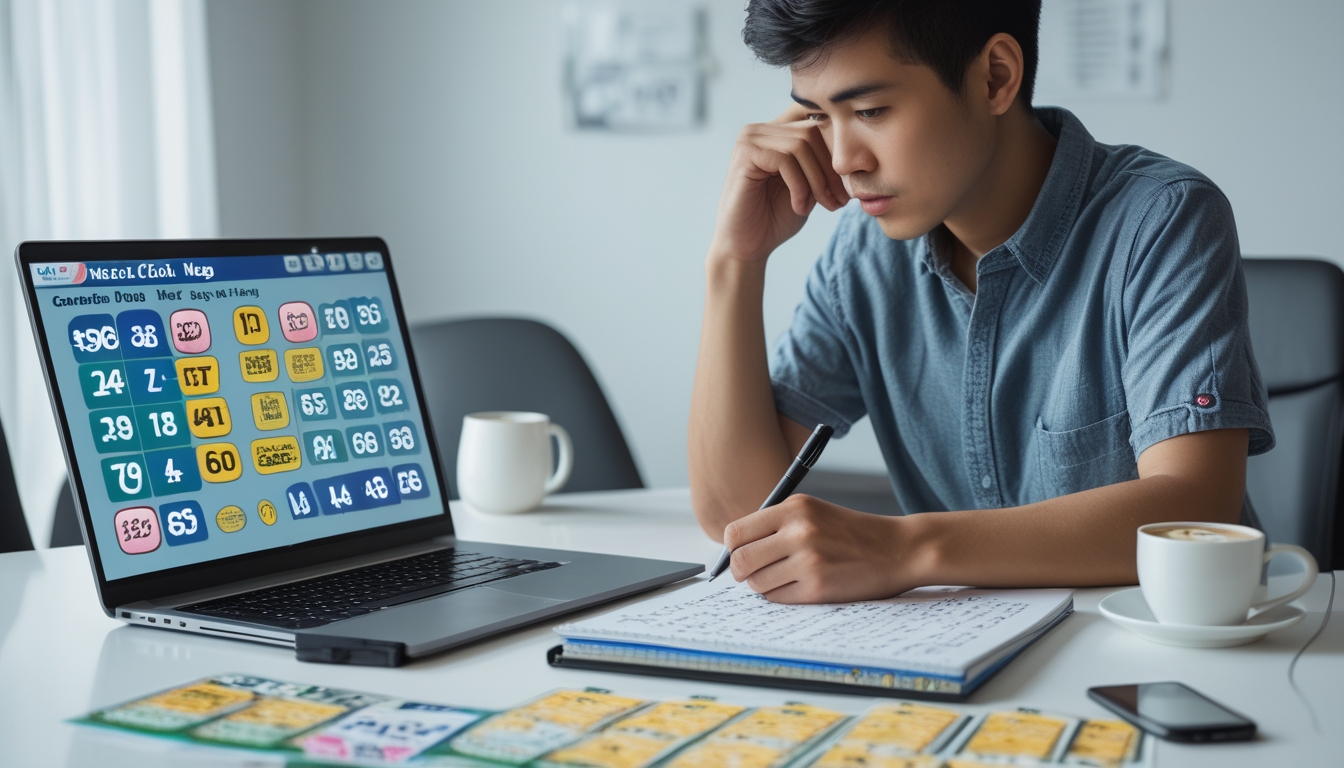 Seseorang duduk di meja kerja dengan laptop, buku catatan, dan kopi, sedang fokus merencanakan strategi bermain Toto Macau agar tidak rugi.