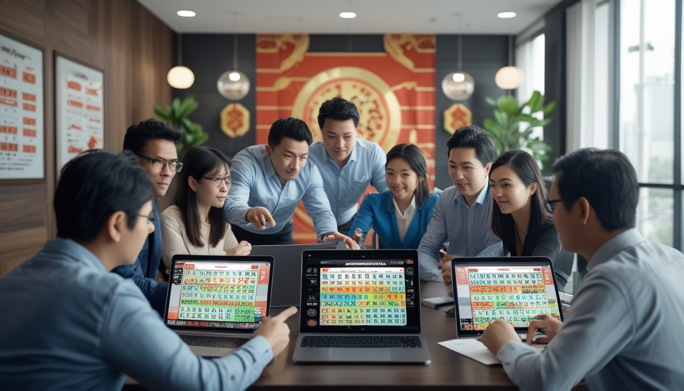 Sekelompok orang sedang berdiskusi dan menganalisis data permainan togel di sebuah meja dengan perangkat elektronik.