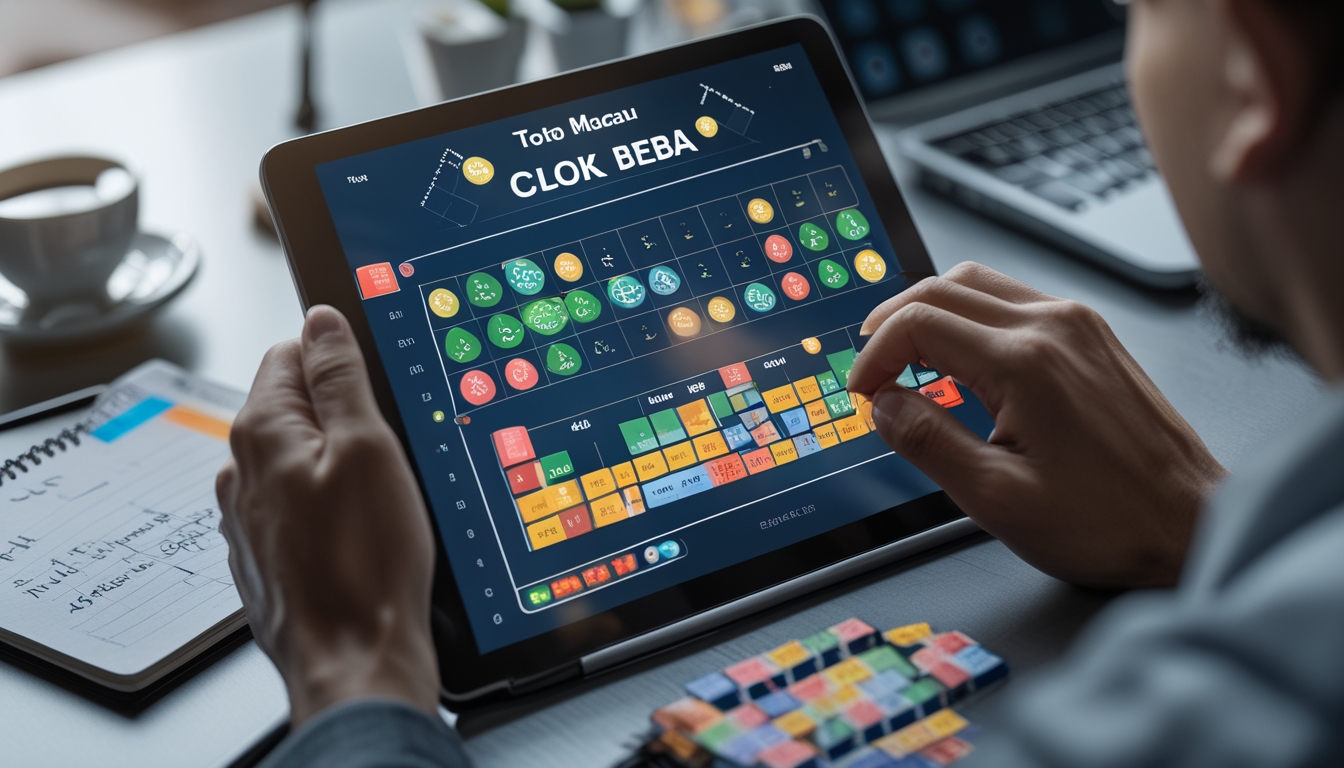 Tangan seseorang sedang menganalisis pola permainan Toto Macau pada layar tablet di meja kerja.