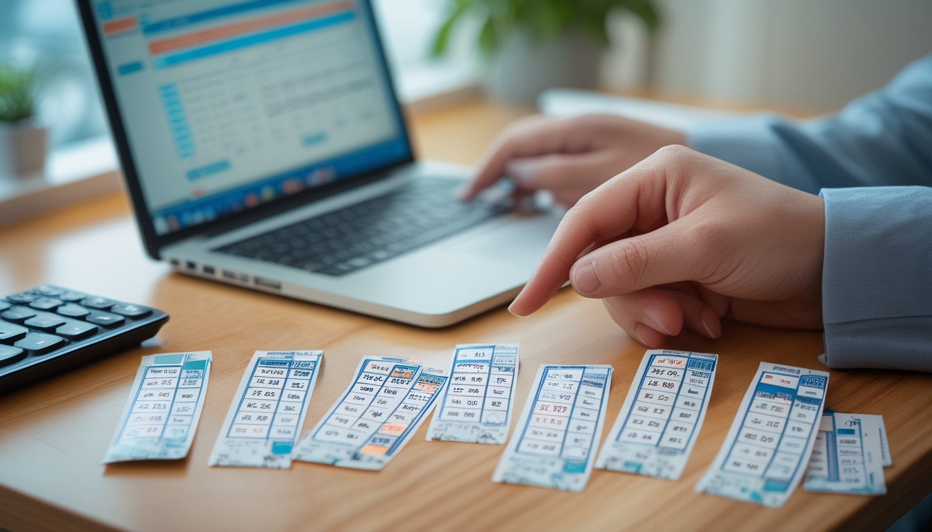 Meja kerja dengan laptop, kalkulator, dan tiket lotere dengan tangan seseorang yang sedang menunjuk atau menandai tiket.