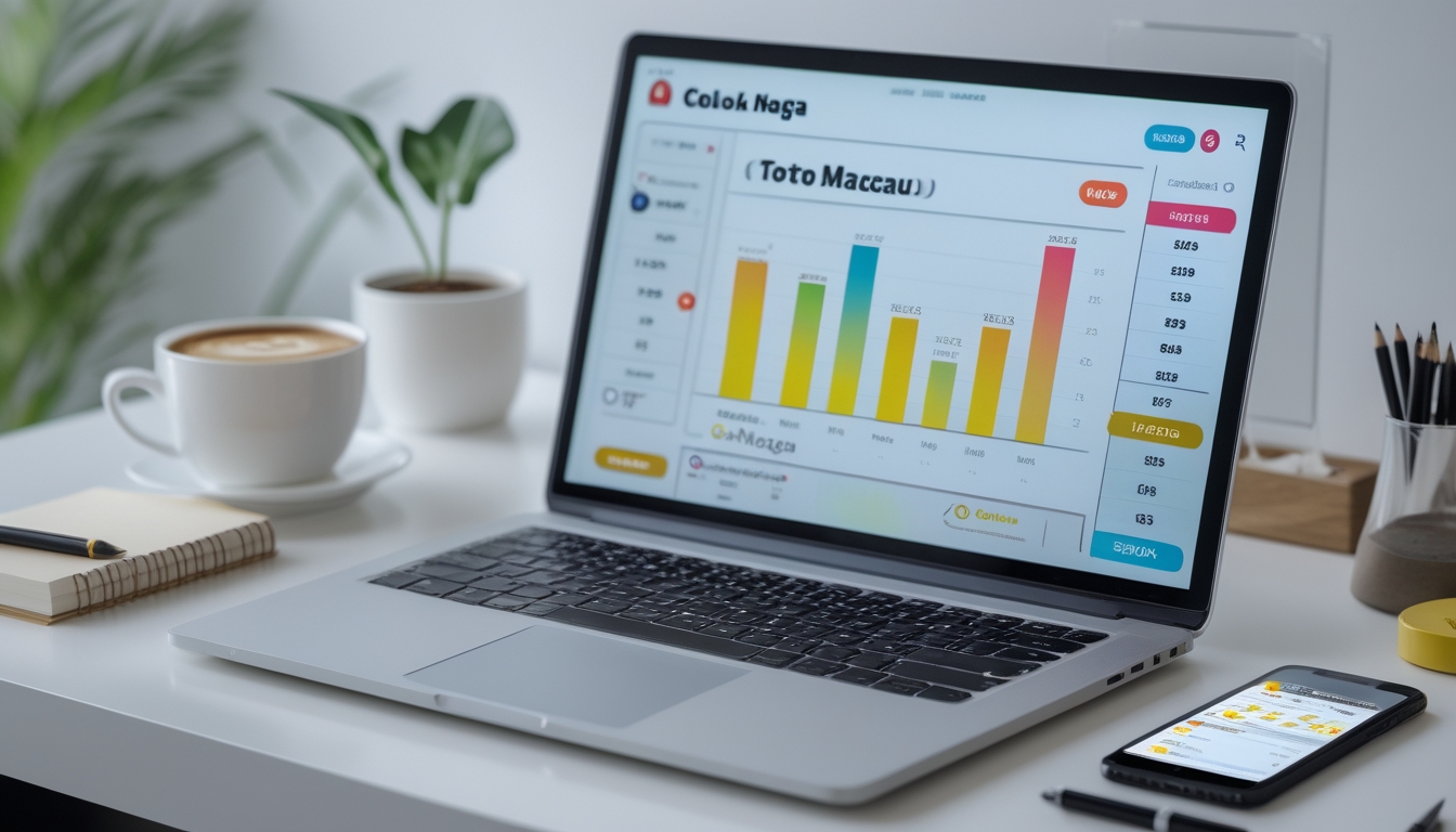 Meja kerja dengan laptop yang menampilkan antarmuka taruhan Toto Macau, dikelilingi oleh buku catatan, pena, kopi, dan ponsel.