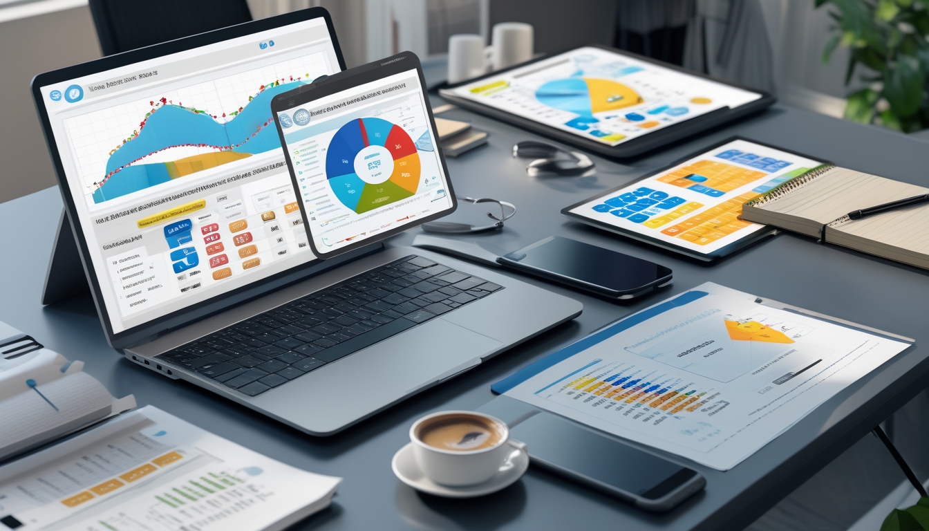 Meja kerja modern dengan perangkat digital menampilkan grafik dan data angka untuk analisis peluang menang lotere.