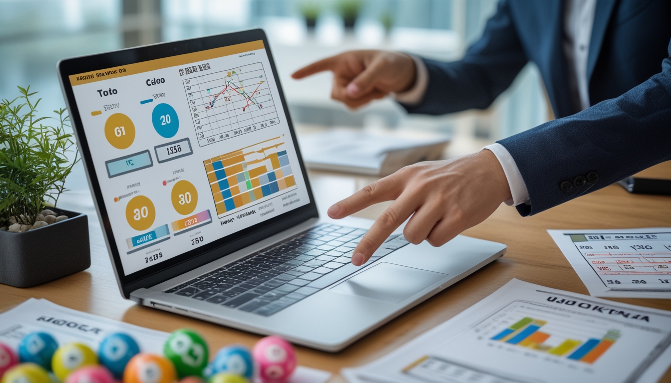 Meja kerja dengan laptop yang menampilkan grafik statistik, bola lotere bernomor, dan tangan menunjuk layar laptop.