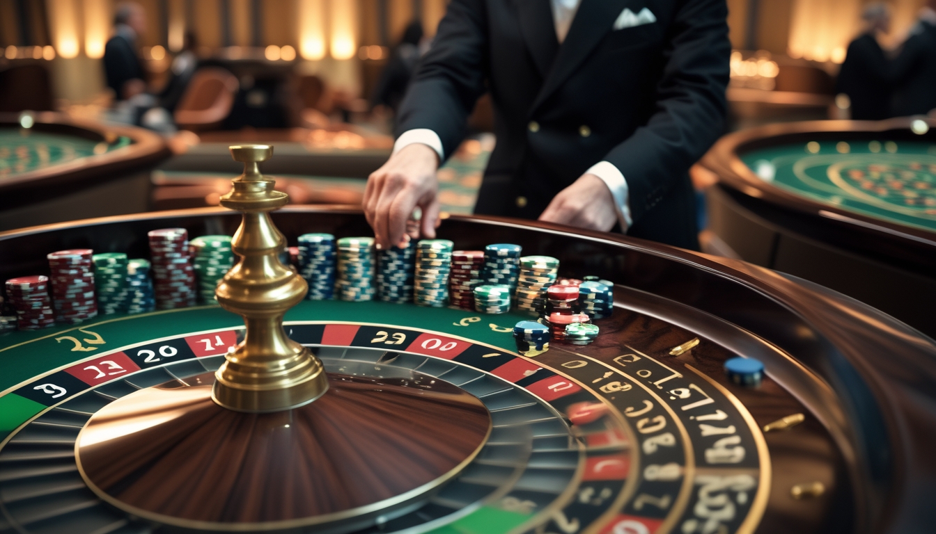 Meja roulette Prancis dengan roda roulette berwarna merah, hitam, dan hijau, seorang croupier berpakaian formal sedang memutar roda, dan tumpukan chip taruhan di sekeliling meja.