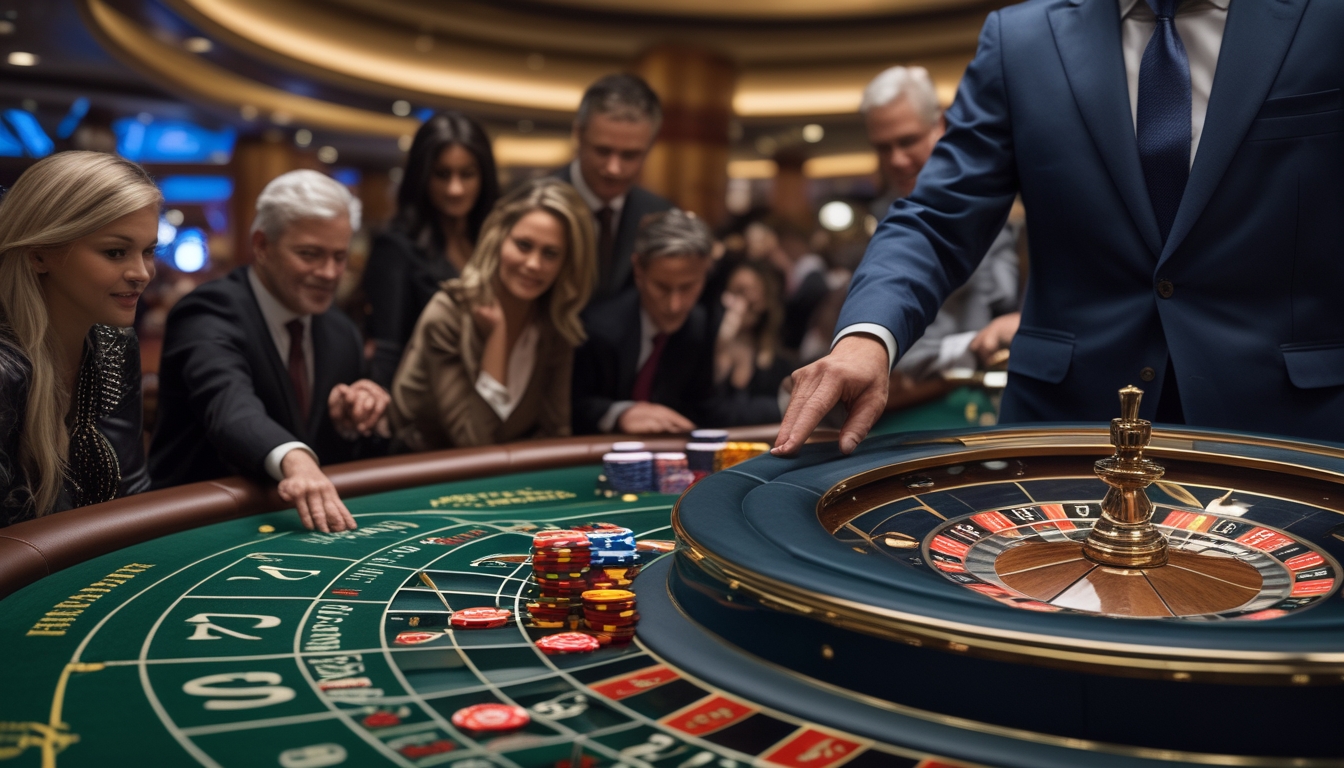 Meja roulette Prancis dengan dealer dan pemain yang sedang bermain di kasino mewah.