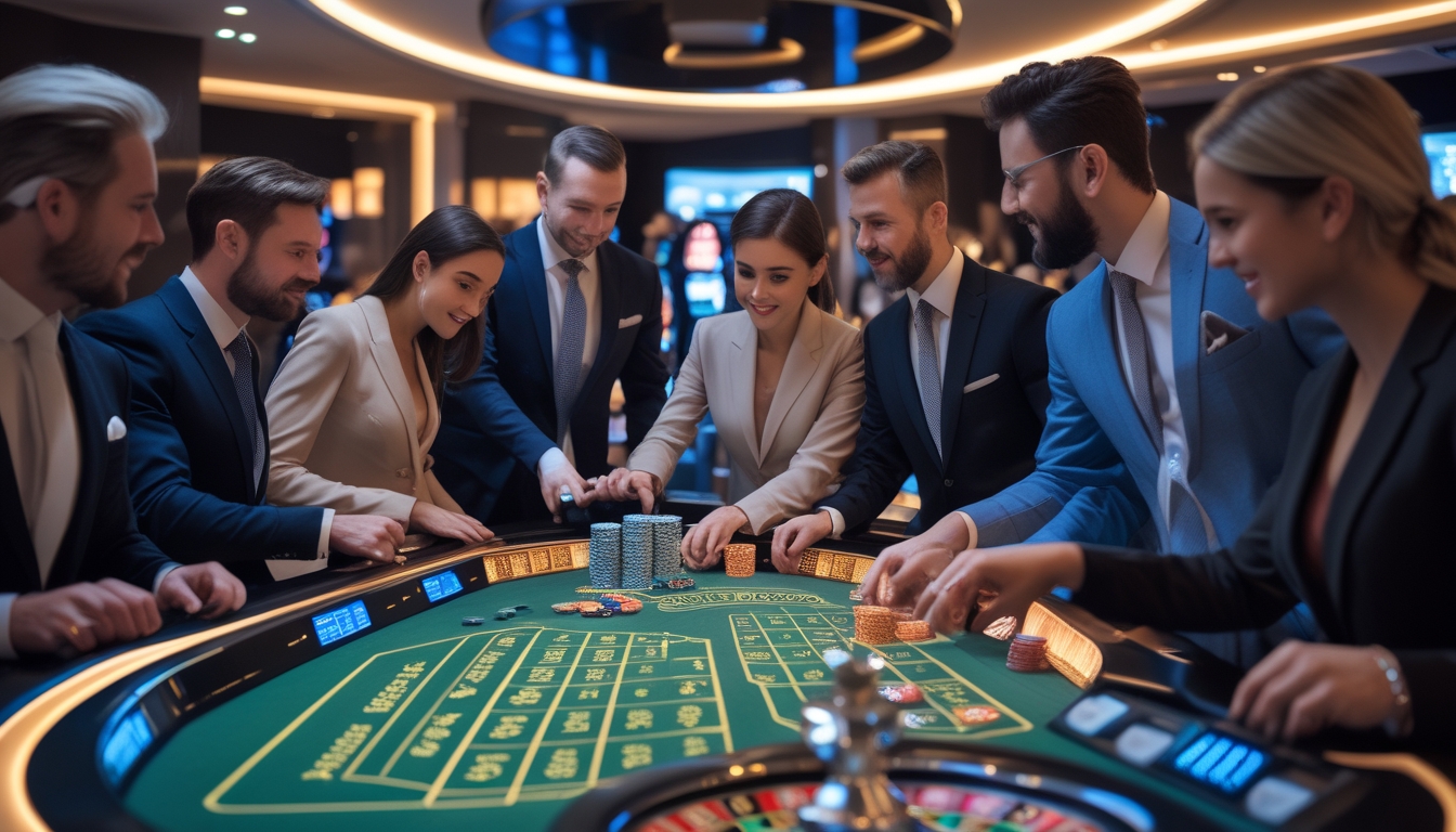 Beberapa pemain di meja roulette yang modern dan futuristik di dalam kasino dengan pencahayaan dan suasana yang dinamis.