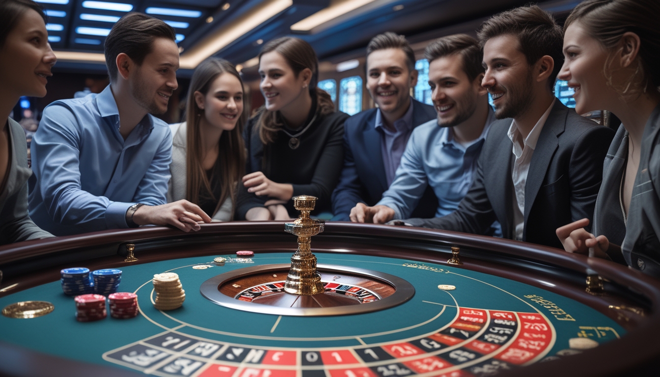 Meja roulette cepat di kasino dengan pemain fokus dan roda roulette berputar.