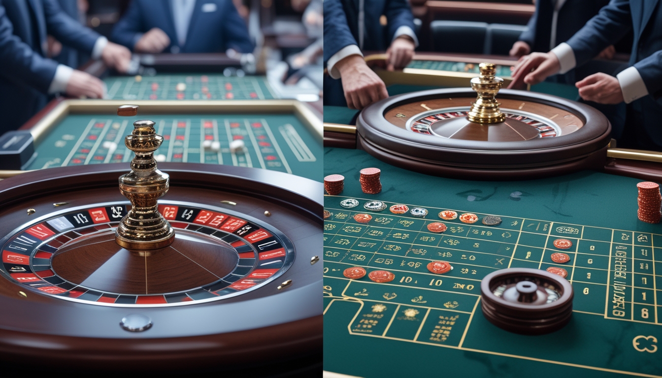 Dua meja roulette di kasino, satu dengan desain klasik dan satu lagi dengan desain modern, dengan pemain dan dealer yang sedang bermain.