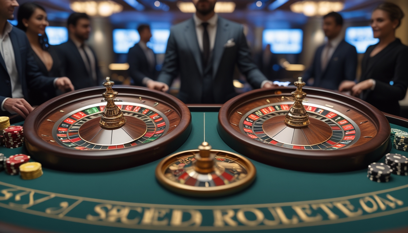 Dua roda roulette berdampingan di kasino dengan pemain dan bandar yang sedang bermain.
