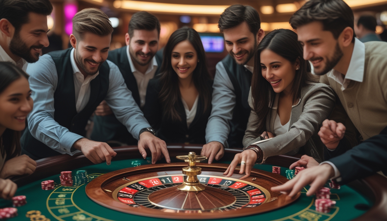 Beberapa orang bermain roulette Prancis di meja kasino dengan ekspresi serius dan antusias.