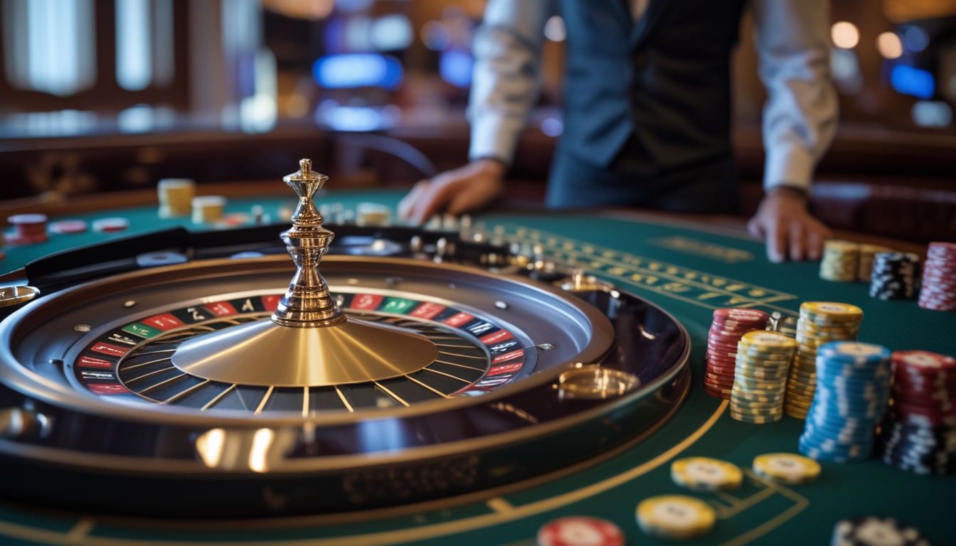 Meja roulette Prancis dengan roda roulette, chip taruhan berwarna-warni, dan dealer mengenakan pakaian formal di kasino.