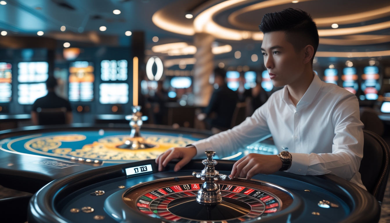 Seorang pemain muda fokus bermain roulette cepat di meja kasino modern dengan roda roulette berputar cepat.