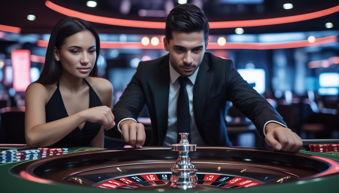 Dua pemain yang fokus bermain Speed Roulette di meja kasino dengan roda roulette berputar cepat.