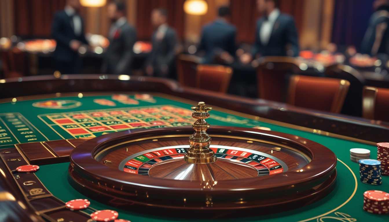 Meja roulette Prancis dengan roda roulette dan chip taruhan di kasino yang mewah.