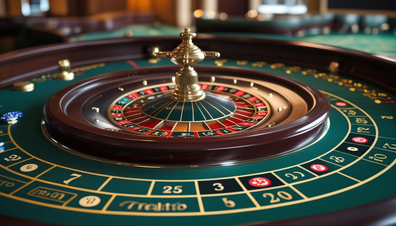 Meja roulette Prancis dengan roda roulette, bola putih, dan chip taruhan di kasino.