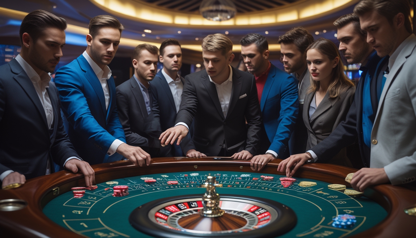 Meja roulette modern dengan roda yang berputar cepat dan pemain yang fokus mengamati permainan di dalam kasino.