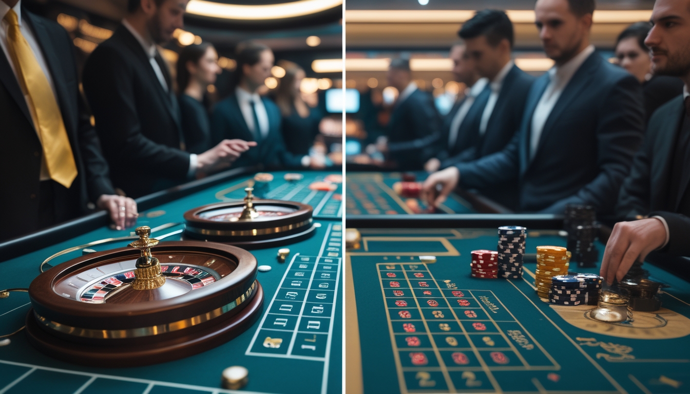 Dua meja roulette berdampingan di kasino, satu dengan roda roulette tradisional dan satu lagi dengan roda roulette cepat, dengan pemain yang memperhatikan permainan.