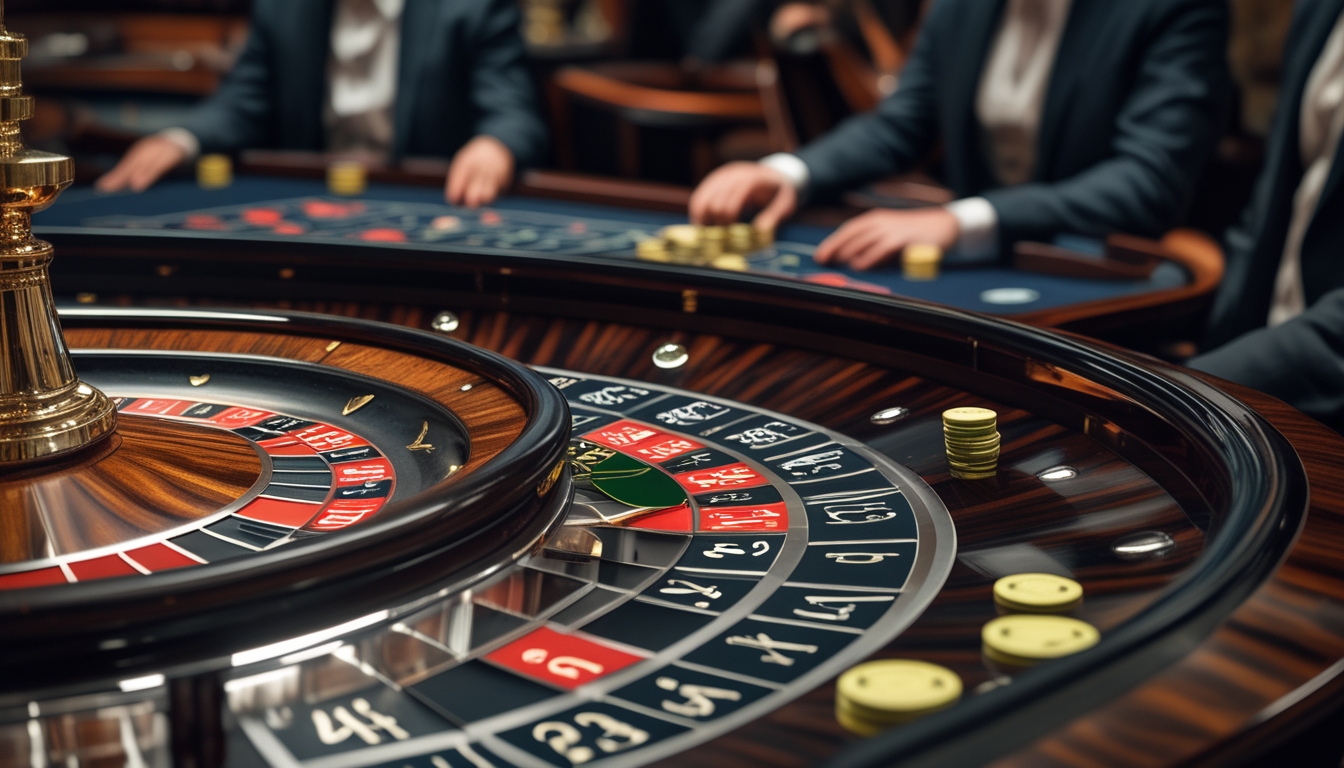 Meja roulette Prancis dengan roda roulette berwarna merah, hitam, dan hijau, serta chip taruhan yang diletakkan di atas meja di sebuah kasino.