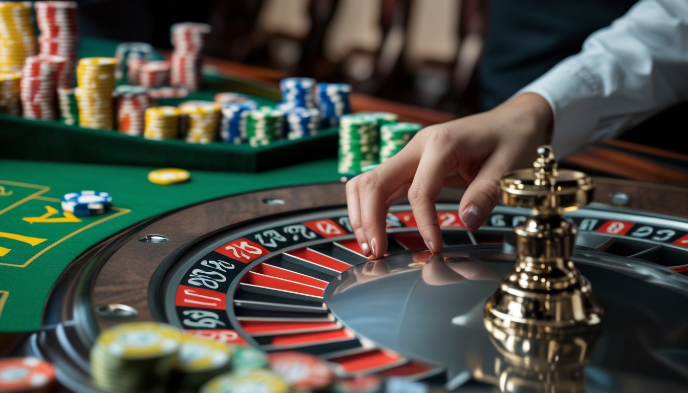 Meja permainan roulette dengan roda roulette, bola putih, dan tumpukan chip taruhan.