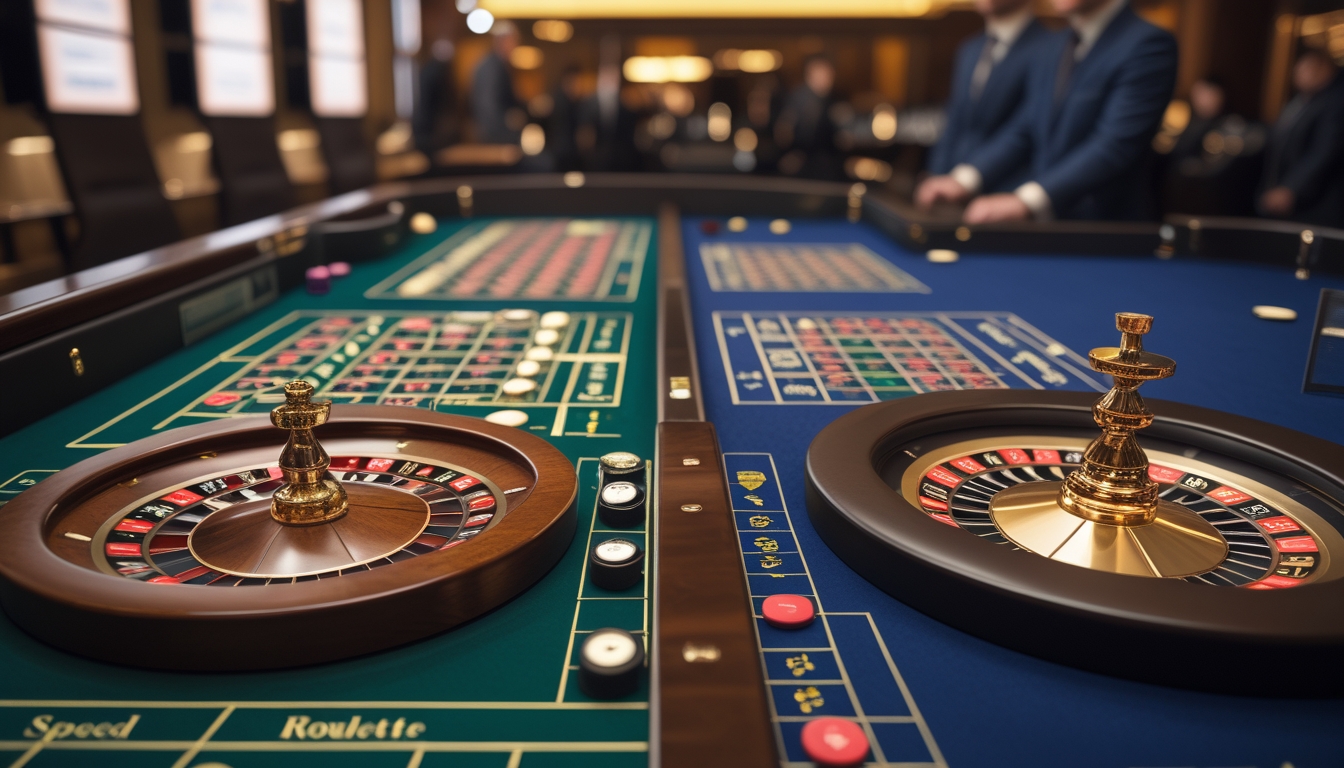 Dua meja roulette berdampingan di kasino, satu meja roulette Prancis klasik dan satu meja roulette cepat dengan pencahayaan modern, menunjukkan perbandingan kedua jenis permainan.