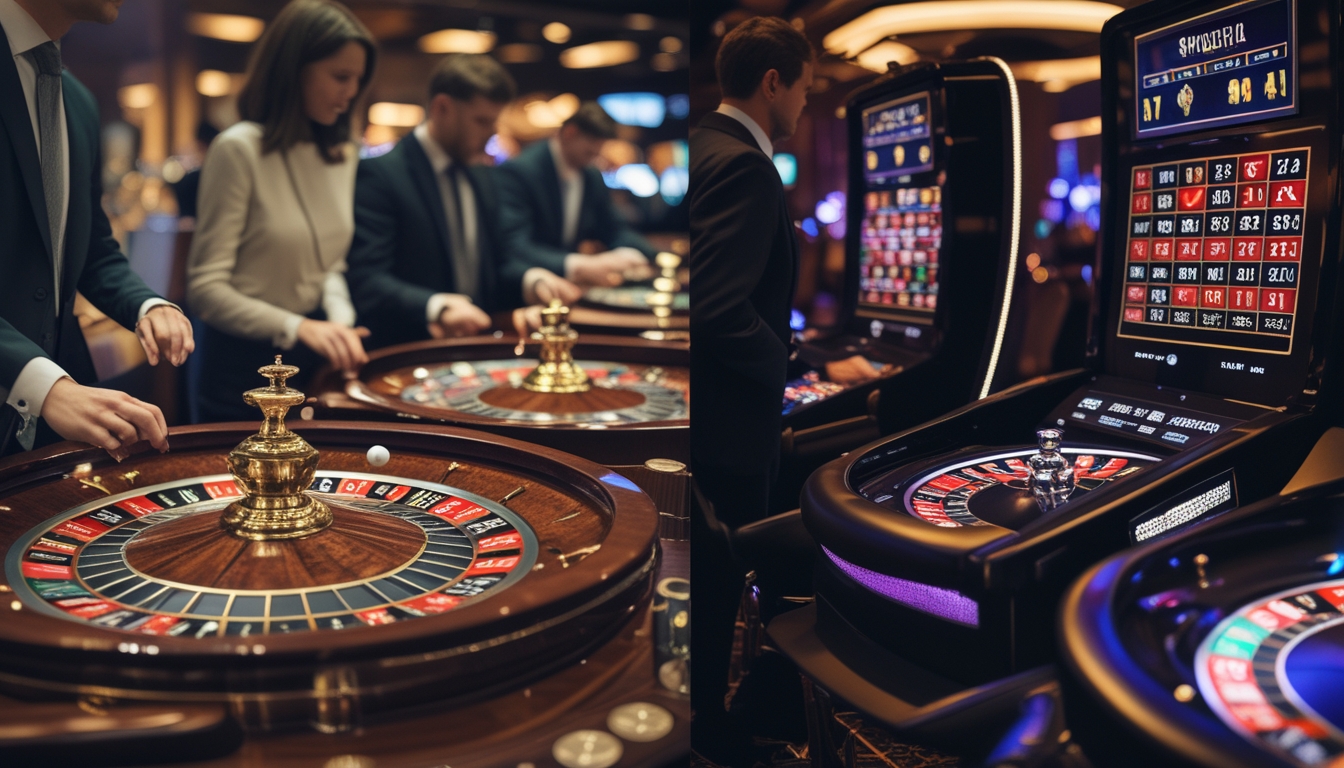 Dua meja roulette di kasino dengan pemain yang sedang bertaruh, satu meja menampilkan roulette klasik dan satu meja menampilkan roulette cepat.