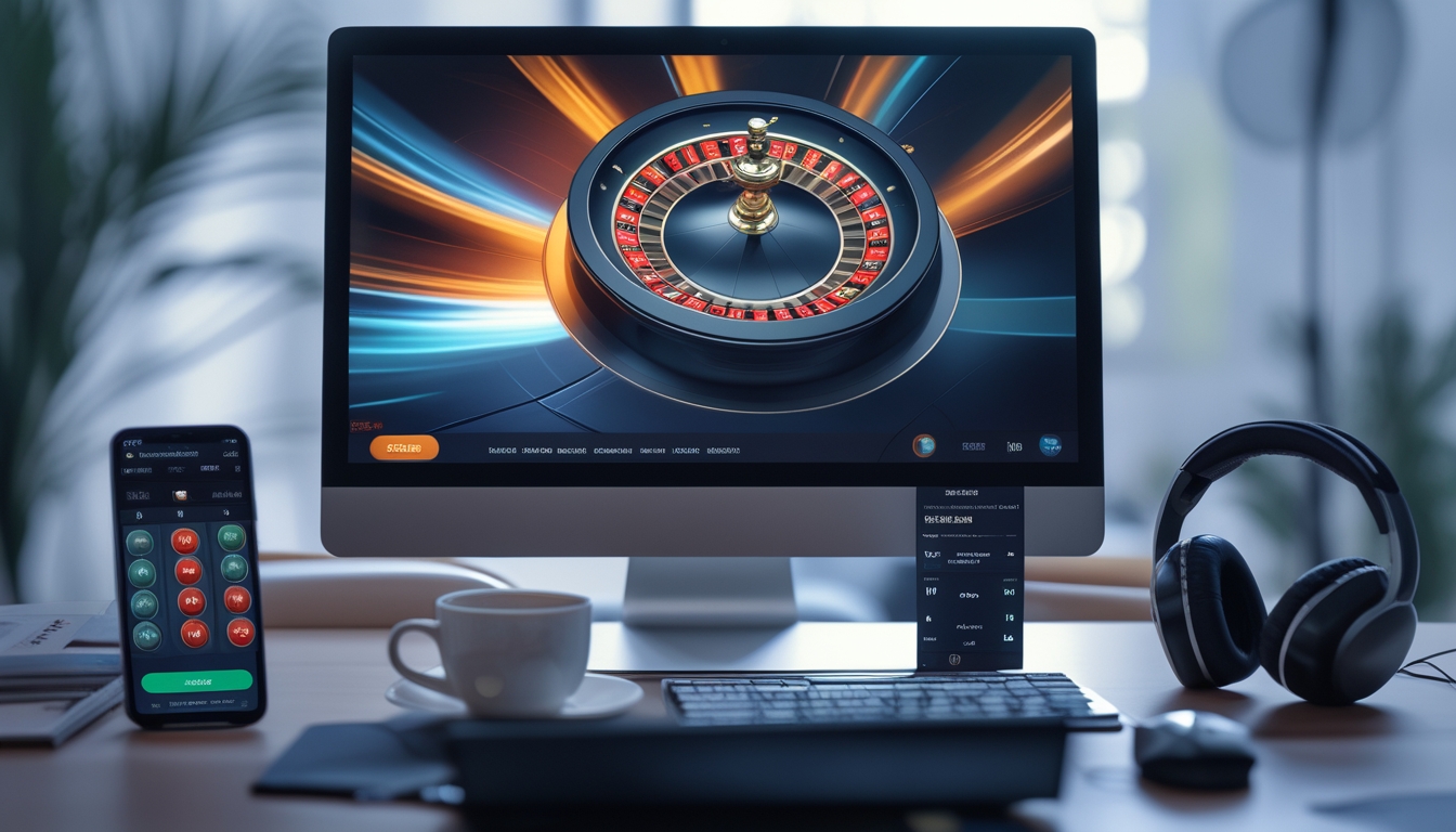 Seorang pemain online sedang fokus pada layar komputer yang menampilkan roda roulette digital yang berputar cepat dengan beberapa perangkat pendukung di meja.