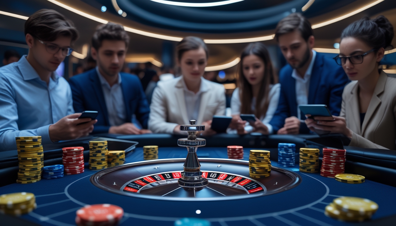Meja roulette cepat dengan roda berputar dan pemain yang menggunakan perangkat digital di sekitarnya.