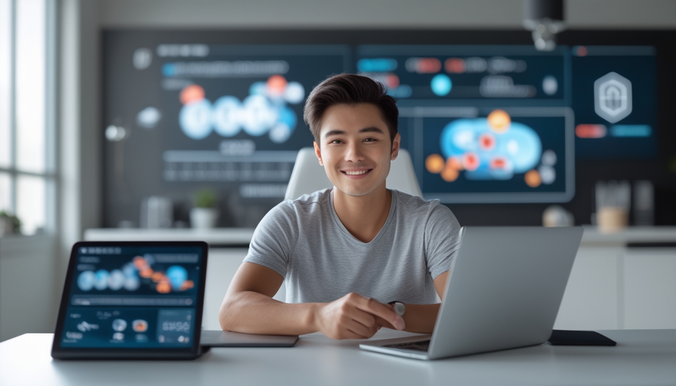 Seseorang muda duduk di meja dengan laptop dan ponsel, menunjukkan suasana kerja yang modern dan terpercaya dalam rekomendasi judi online.